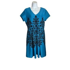 CB Established 1962 Dress Size 14 Blue‎ Black Print V Neck Career Dress 🩵🖤🩵